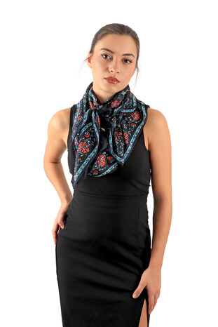 Black Lily Pattern Voile Silk Foulard - Thumbnail