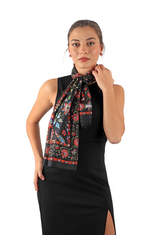 Black Lily Pattern Voile Silk Foulard - Thumbnail