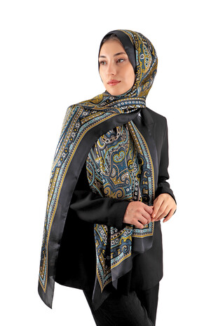 Black Marrakesh Pattern Sura Silk Scarf - Thumbnail