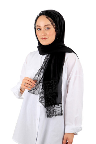 Black Narrow Guipure Mawlid Scarf - Thumbnail