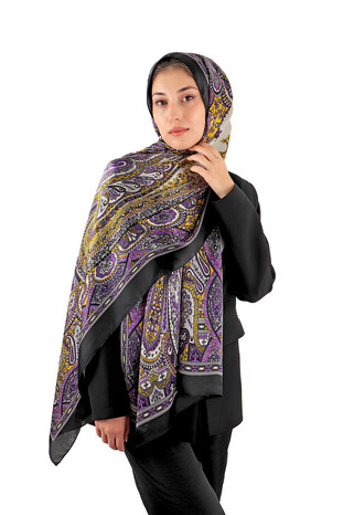 Black Nile Pattern Sura Silk Scarf - Thumbnail