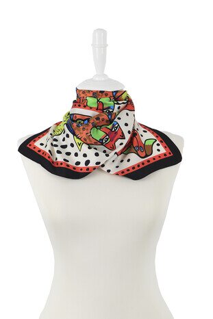 Black Orange Patterned Silky Foulard - Thumbnail