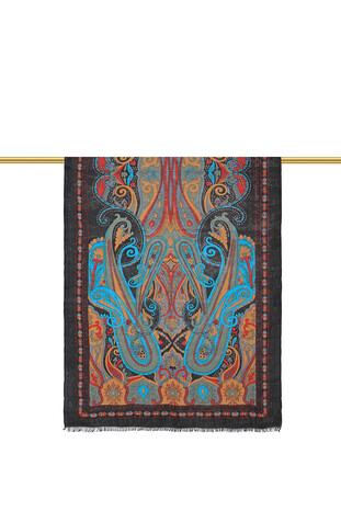 Black Patterned Indian Silk Scarf - Thumbnail