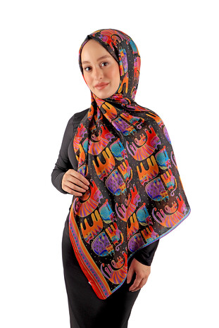 Black Patterned Voile Silk Imported Scarf - Thumbnail