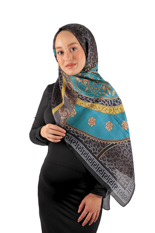 Black Patterned Voile Silk Imported Scarf - Thumbnail