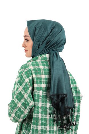 Black Petrol Green Silk Look Scarf - Thumbnail