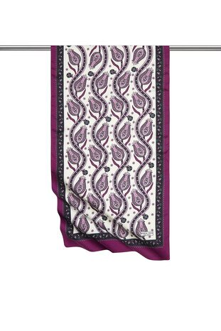 Black Purple Row Tulip Pattern Narrow Silky Foulard - Thumbnail