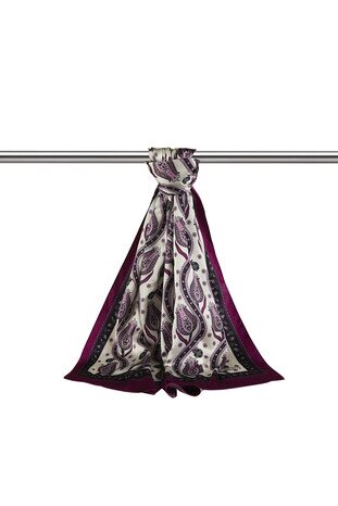 Black Purple Row Tulip Pattern Narrow Silky Foulard - Thumbnail