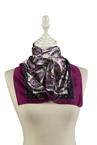 Black Purple Row Tulip Pattern Narrow Silky Foulard - Thumbnail