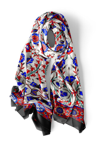 Black Red Selcuk Pattern Silk Foulard - Thumbnail