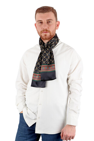 Black Tile Pattern Men's Silk Foulard - Thumbnail