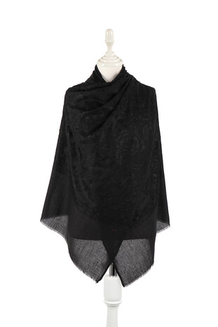 Black Tulip Pattern Embroidered Wool Silk Shawl - Thumbnail