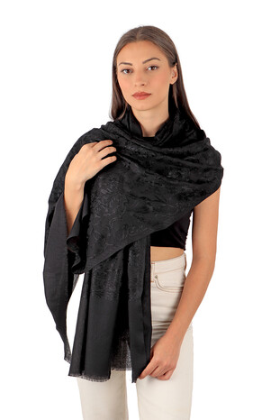 Black Tulip Pattern Embroidered Wool Silk Shawl - Thumbnail