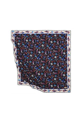 Black Turkish Pattern Carnation Tulip Pattern Silky Square Scarf - Thumbnail