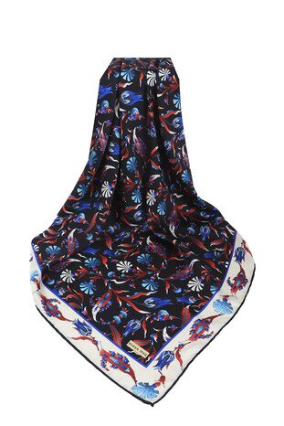 Black Turkish Pattern Carnation Tulip Pattern Silky Square Scarf - Thumbnail