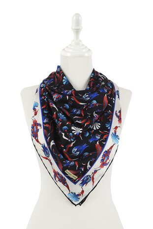 Black Turkish Pattern Carnation Tulip Pattern Silky Square Scarf - Thumbnail