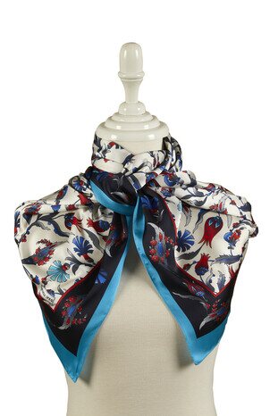 Black Turquoise Carnation Tulip Pattern Wide Silky Foulard - Thumbnail