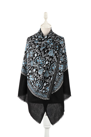 Black Turquoise Tulip Pattern Embroidered Wool Silk Shawl - Thumbnail