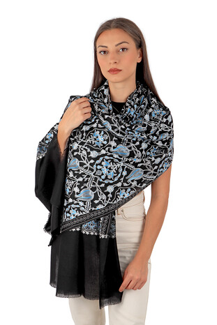 Black Turquoise Tulip Pattern Embroidered Wool Silk Shawl - Thumbnail