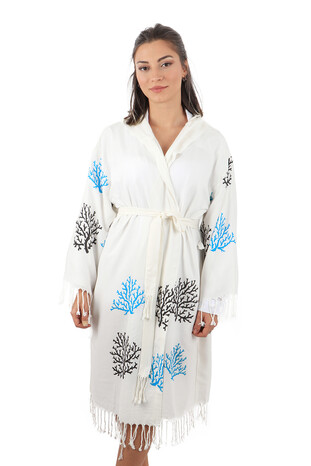 Blue Black Coral Pattern Bamboo Bathrobe - Thumbnail