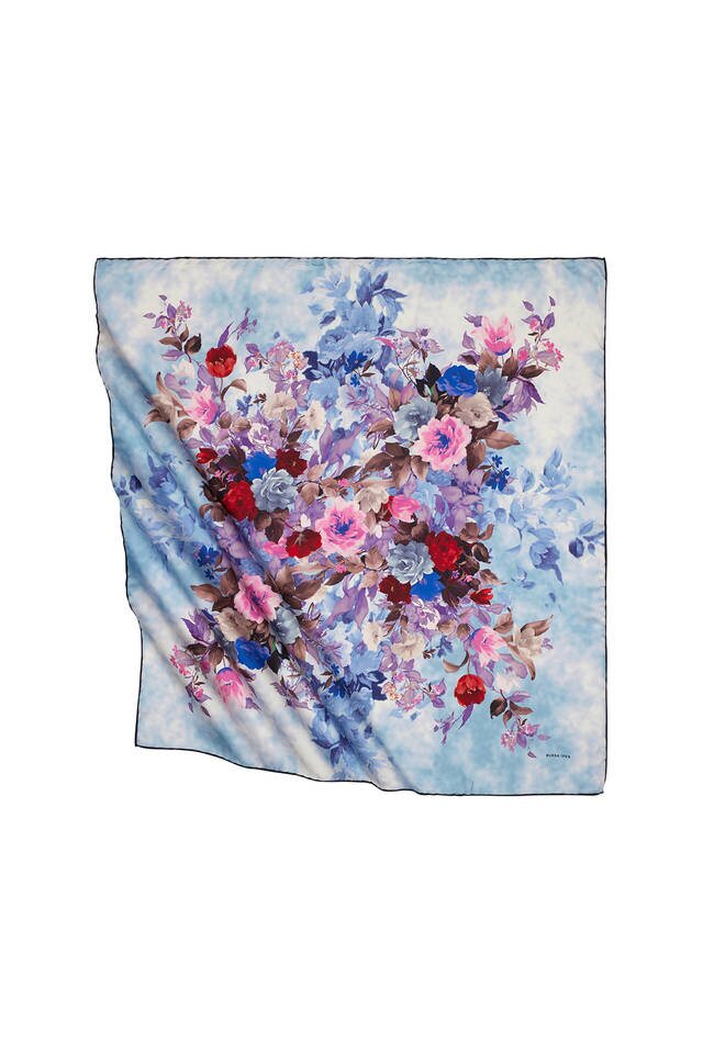 Blue Bouquet Pattern Silky Square Scarf 