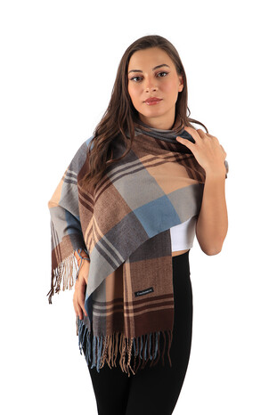 Blue Brown Patterned Winter Shawl - Thumbnail