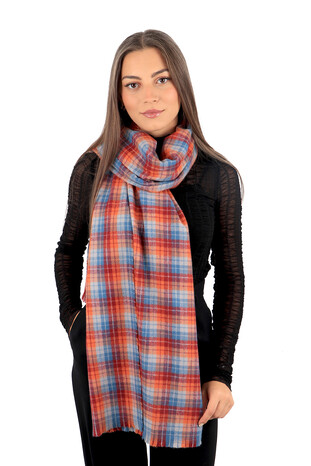 Blue Claret Red Plaid Pattern Winter Shawl - Thumbnail