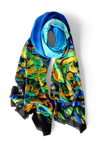 Blue Day Flowers Pattern Silk Foulard - Thumbnail