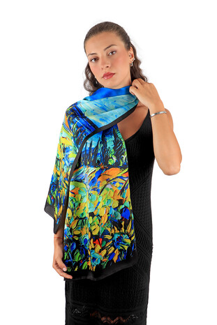 Blue Day Flowers Pattern Silk Foulard - Thumbnail