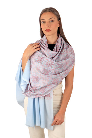 Blue Embroidered Wool Silk Shawl - Thumbnail