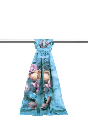 Blue Floral Pattern Silky Scarf - Thumbnail