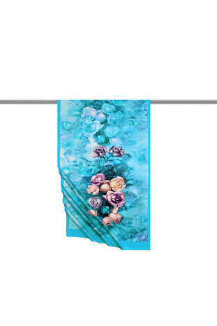 Blue Floral Pattern Silky Scarf - Thumbnail
