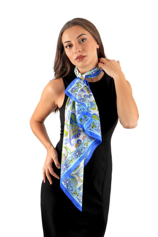 Blue Floral Pattern Voile Silk Square Scarf - Thumbnail