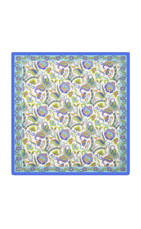 Blue Floral Pattern Voile Silk Square Scarf - Thumbnail