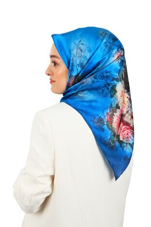 Blue Floral Silk Square Scarf - Thumbnail