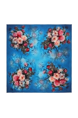 Blue Floral Silk Square Scarf - Thumbnail