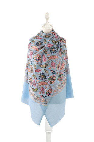 Blue Fully Embroidered Suzani Wool Shawl - Thumbnail