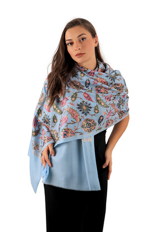 Blue Fully Embroidered Suzani Wool Shawl - Thumbnail