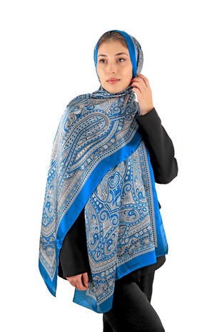 Blue Marrakesh Pattern Sura Silk Scarf - Thumbnail