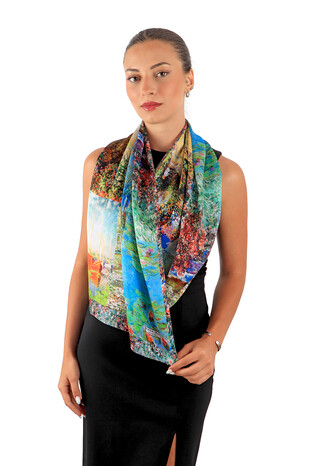 Blue Monet Collage Silk Painting Foulard - Thumbnail