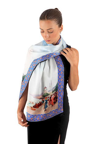 Blue Ortakoy Silk Painting Foulard - Thumbnail