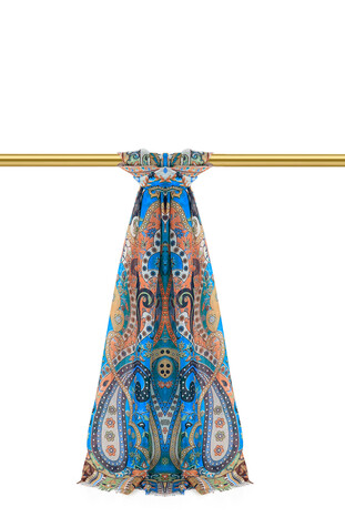 Blue Patterned Indian Silk Scarf - Thumbnail