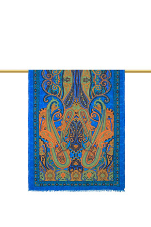 Blue Patterned Indian Silk Scarf - Thumbnail