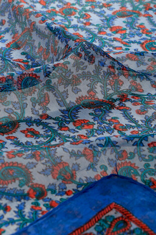 Blue Patterned Indian Silk Square Scarf - Thumbnail