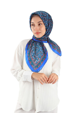 Blue Patterned Indian Silk Square Scarf - Thumbnail