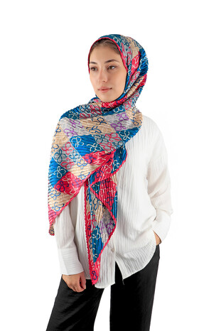 Blue Patterned Pleated Scarf - Thumbnail