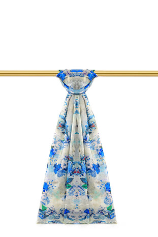 Blue Patterned Voile Silk Imported Scarf - Thumbnail