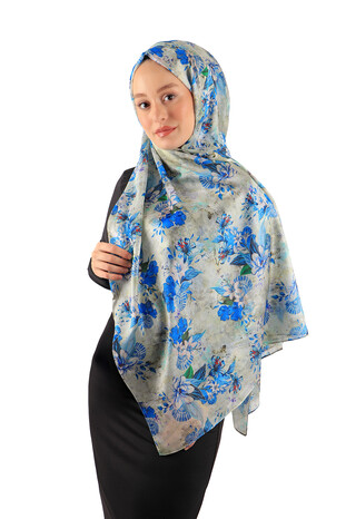 Blue Patterned Voile Silk Imported Scarf - Thumbnail