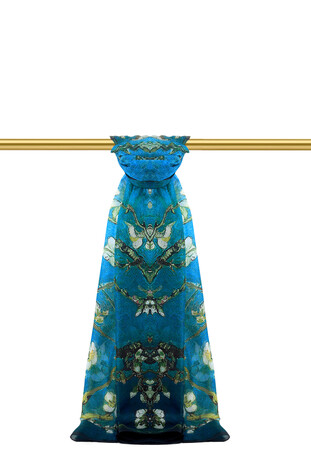 Blue Patterned Voile Silk Imported Scarf - Thumbnail