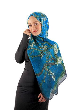 Blue Patterned Voile Silk Imported Scarf - Thumbnail